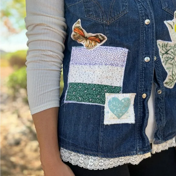 Upcycled Dolce and Gabbana Denim Vest with Floral Patches - Picture 3 of 10
